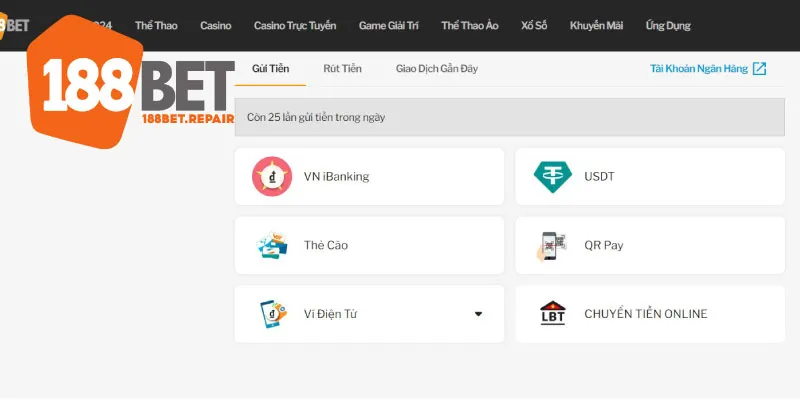 Các phương thức nạp tiền tại 188Bet