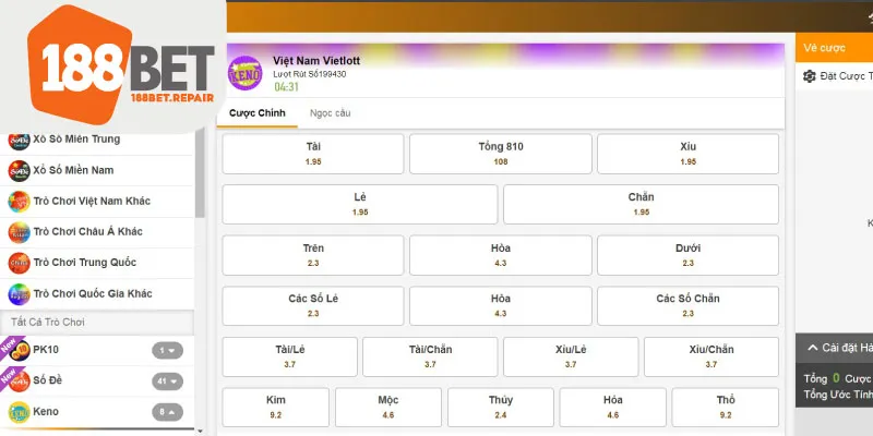 Đa dạng các tỷ lệ cược tại xổ số nhanh 188Bet